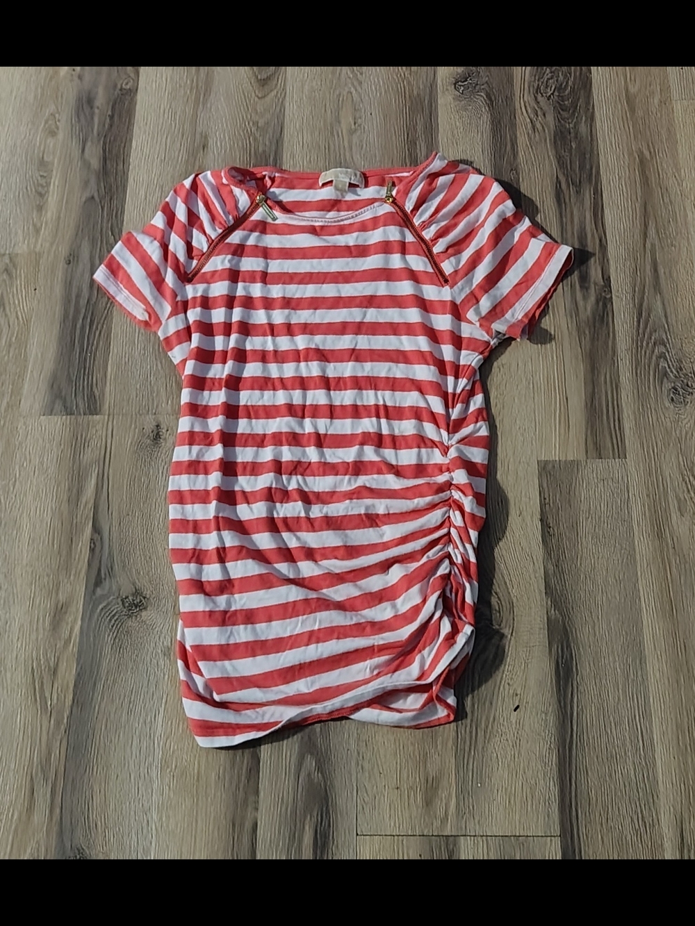 Ladies Small Stretchy Beachy Nautical Zippered Ruched T Shirt